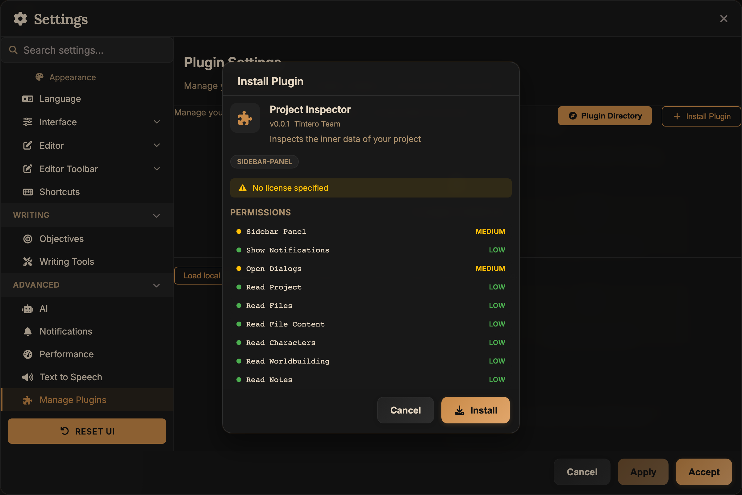 Tintero's install dialog, listing each requested permission with a risk level beside it