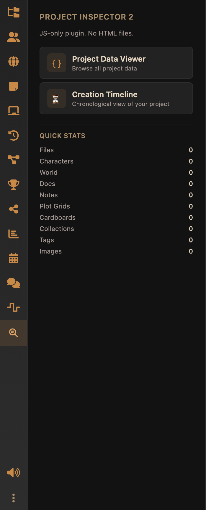 A plugin panel running in the Tintero sidebar, showing its own controls and a list of project statistics